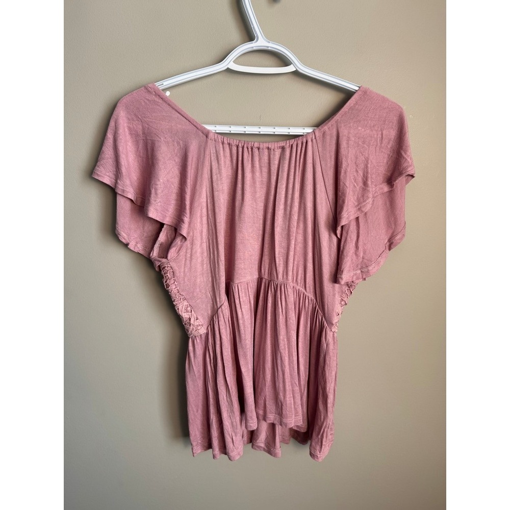 Blue B Collection Dusty Pink Lace Crochet V-Neck Flutter Sleeve Peplum Top M - Picture 4 of 10